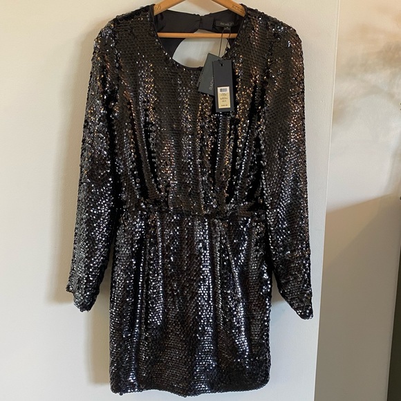 Rachel Zoe Long Sleeve Black Sequined Mini Dress Open Back $450 Retail Size 8 - Picture 5 of 12